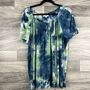 Fyve Blouse Womens 2X Plus Blue Tie Dye Short Sleeve Ruched‎ Pullover Scoop Neck
